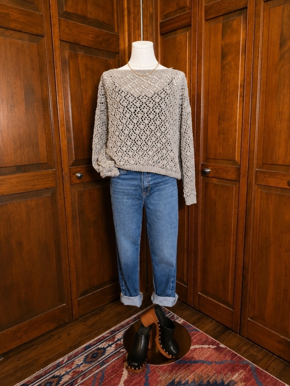 Jessica Simpson Gray knit sweater  diamond-shaped openwork pattern #knitwear